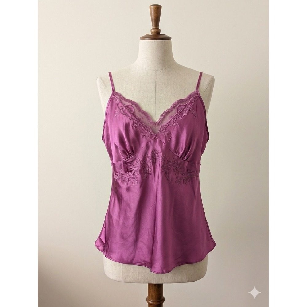 Vintage 100% Silk Babydoll Cami Top 1X Magenta Lace Trim Fairy Coquette Y2K